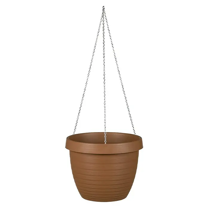 Scheurich Country Star Blumenampel - Außenmaß (Ø x H): 29 x 22,4 cm, Kunststoff, Terracotta - Eine braune Hängetopf mit einer silbernen Kette zum Aufhängen, perfekt für Pflanzen und Blumen, um eine natürliche Atmosphäre zu schaffen.