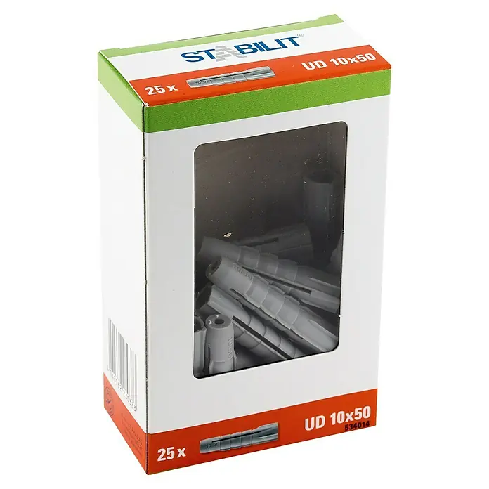 Stabilit Universal-Dübel - Durchmesser Dübel: 10 mm, Länge Dübel: 50 mm, Geeignet für: Vollbaustoffe, 25 Stk. - Eine Packung Stabilit UD 10x50 Dübel, 25 Stück, für sichere Befestigungen in verschiedenen Materialien. Die grauen Dübel sind gut sichtbar.
