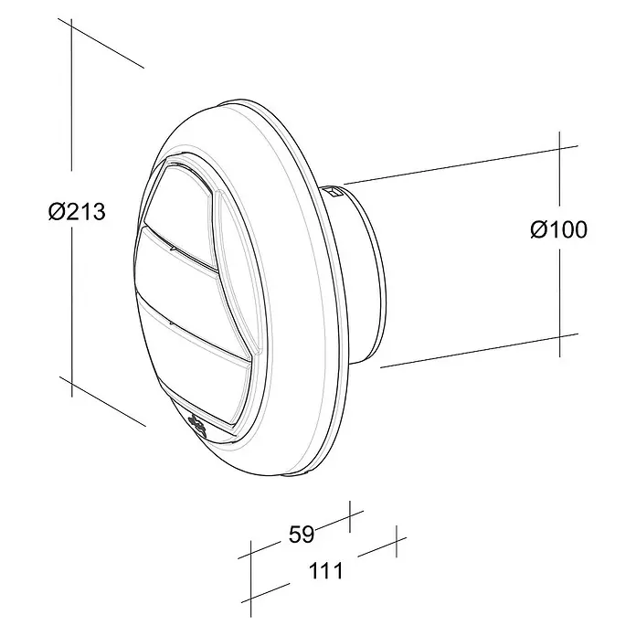 OptimAIRo Jalousieklappe C-100 F - Durchmesser Anschlussstutzen: 100 mm, Magnetische Rückstauklappe, Anthrazit/Bronze - Abbildung eines runden Wandlüfters mit verschiedenen Maßangaben, der einen Durchmesser von 213 mm hat und sich zur Wandmontage eignet.