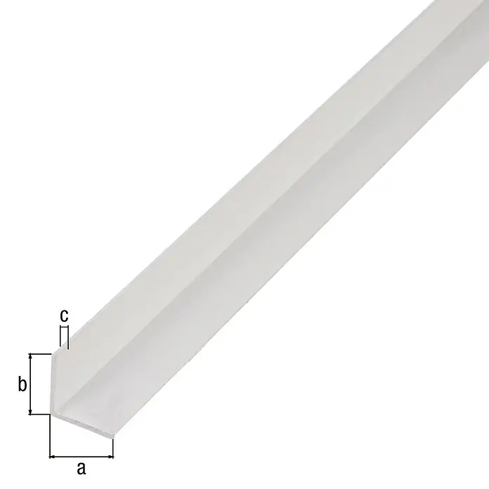Alberts Perfil angular - 1.500 x 20 x 20 mm, Espesor: 1,5 mm, Aluminio, Blanco - Imagen de un listón de perfil angular blanco con las dimensiones a, b y c.