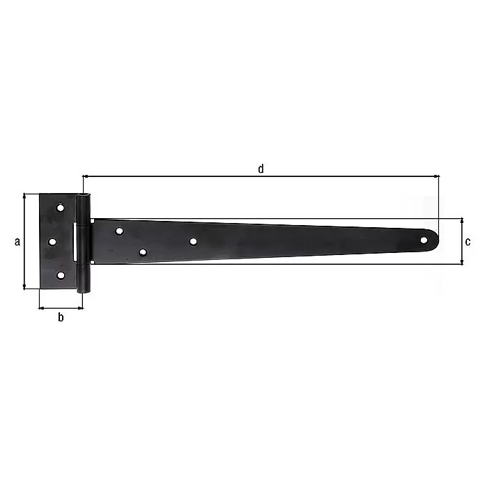 Stabilit Kreuzgehänge - L x B: 90 x 40 mm, Maße Band: 348 mm, Stahl, Schwarz - Schwarzes T-Scharnier aus Metall mit Maßen a, b, c, d, für Tore oder Türen geeignet.