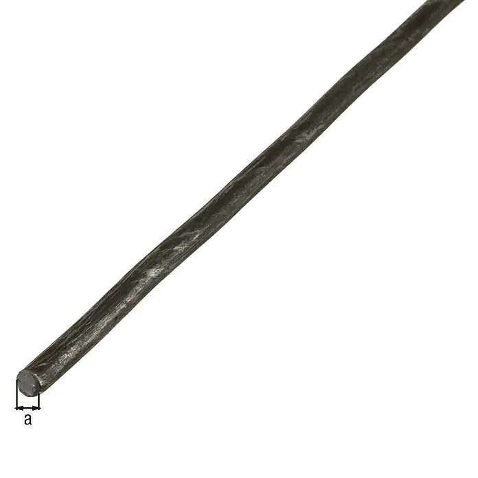 Alberts Barra redonda - Ø x L: 10 x 3.000 mm, Acero laminado en caliente - Primer plano de una varilla metálica redonda, etiquetada con "a" para el diámetro. El metal es oscuro y tiene una textura rugosa.
