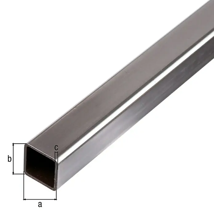 Alberts Tubo de forma cuadrada - 3.000 x 20 x 20 mm, Espesor: 1,25 mm, Acero, Acero gris - Tubo cuadrado de acero inoxidable con etiquetas a, b y c. La imagen muestra un tubo metálico de sección rectangular.