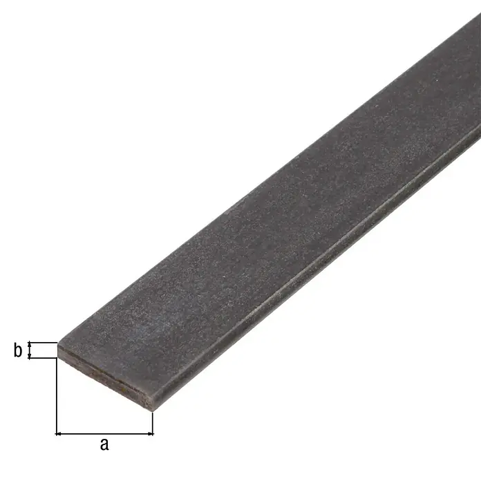 Alberts Barra plana - L x An: 3.000 x 20 mm, Espesor: 4 mm, Acero, Acero gris - En la imagen se muestra una barra plana de acero, marcada con 'a' y 'b' para indicar sus dimensiones. La pieza de metal tiene un acabado mate oscuro.