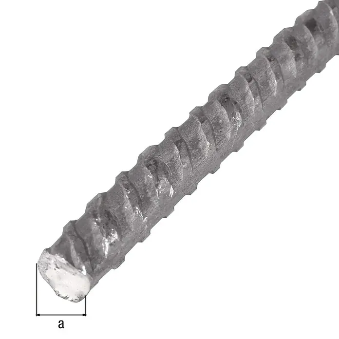 Alberts Varilla corrugada - Ø x L: 12 x 3.000 mm, Acero - Primer plano de una barra de refuerzo corrugada, utilizada en la construcción, con una marca para la dimensión del diámetro.
