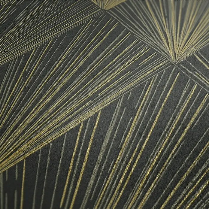 A.S. Création Metropolitan Stories II Vliestapete Artdeco - Schwarz/Gold, Grafisch, 10,05 x 0,53 m - Nahaufnahme einer schwarzen Tapete mit goldenen und silbernen, strahlenförmigen Linien. Die Tapete erzeugt einen modernen und eleganten Look.