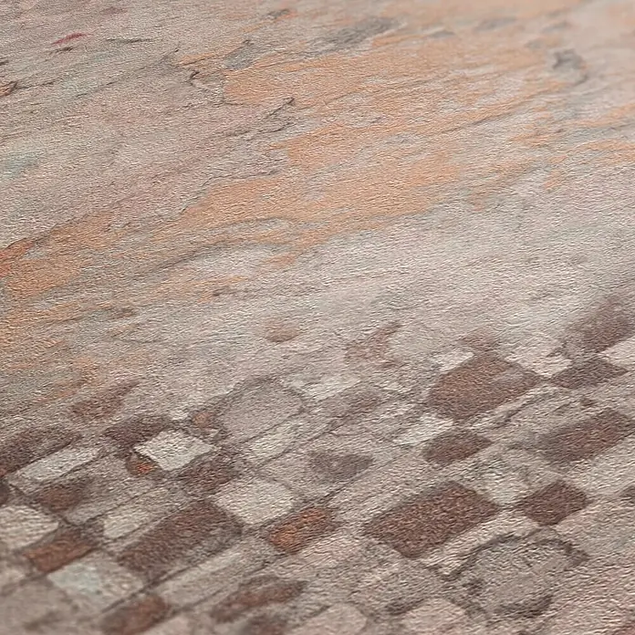 A.S. Création Metropolitan Stories II Vliestapete Fliese Vintage - Rosa, Fliesenoptik, 10,05 x 0,53 m - Nahaufnahme einer Bodenfläche mit abstraktem Schachbrettmuster und Farbverläufen in Braun-, Beige- und Rosatönen.