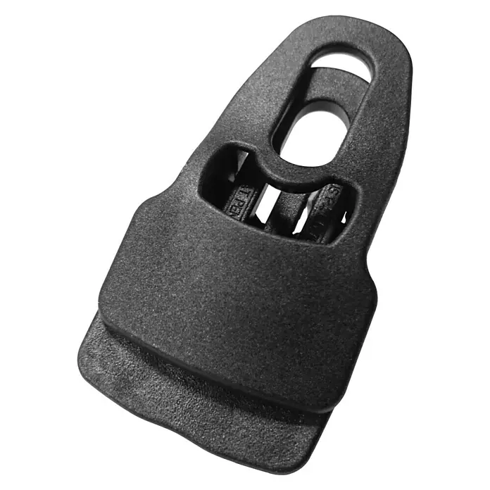 Clips Holdon Midi - 4 Stk., Schwarz - Nahaufnahme eines schwarzen Kunststoff-Molle-Clip-Adapters mit zwei Öffnungen oben für Befestigungszwecke.