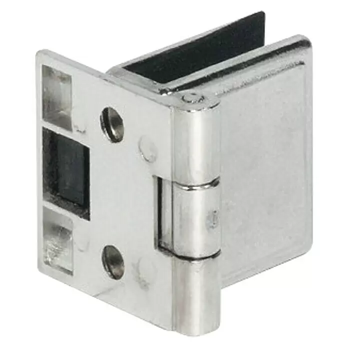 Häfele Bisagra - L x An: 27 x 26 mm, Puerta de vidrio - Bisagra de metal plateado para puerta de vidrio con inserciones negras y placa de montaje, para paneles de vidrio sin marco.