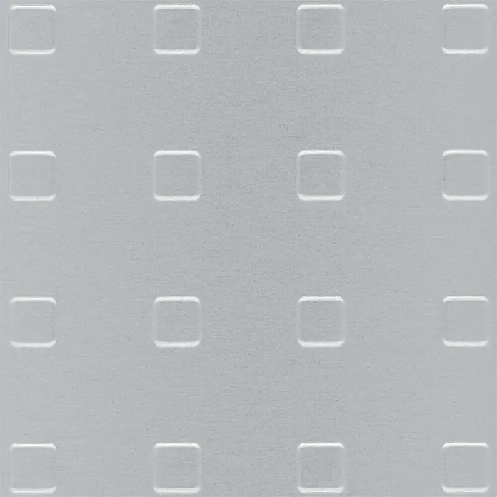 Alberts Chapa con agujeros cuadrados - 1.000 x 600 mm, Espesor: 1 mm, Aluminio, Eloxado - Fondo gris texturizado con relieves cuadrados repetidos, mostrando un diseño moderno y minimalista.