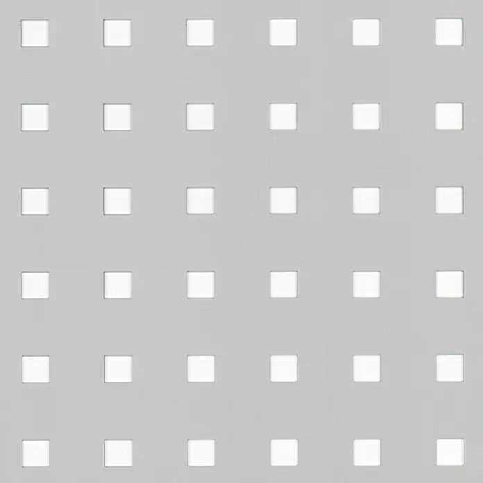 Alberts Chapa con agujeros cuadrados - 1.000 x 300 mm, Espesor: 0,8 mm, Aluminio, Eloxado - Fondo gris con recortes cuadrados espaciados regularmente. Ideal para diseños texturizados y presentaciones modernas.