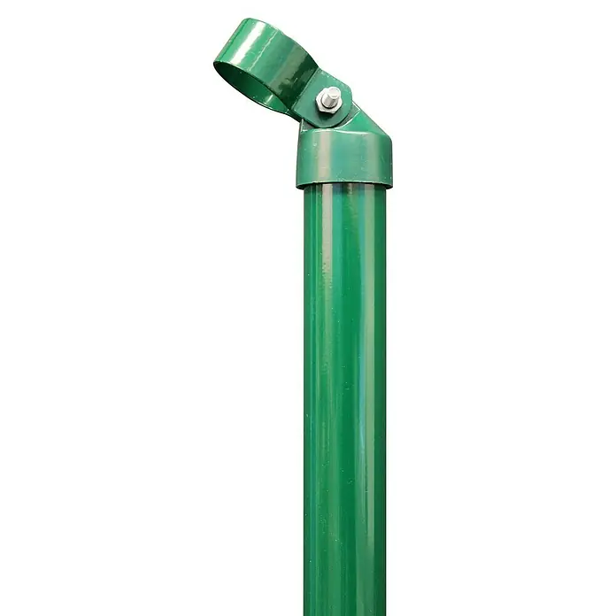 Alberts Zaunstrebe - Länge: 150 cm, Durchmesser: 34 mm - Nahaufnahme einer grünen, pulverbeschichteten Metallstange mit einem schwenkbaren Rohrverbinder und einer Schraube zur Befestigung, ideal für den Bau von Zäunen.