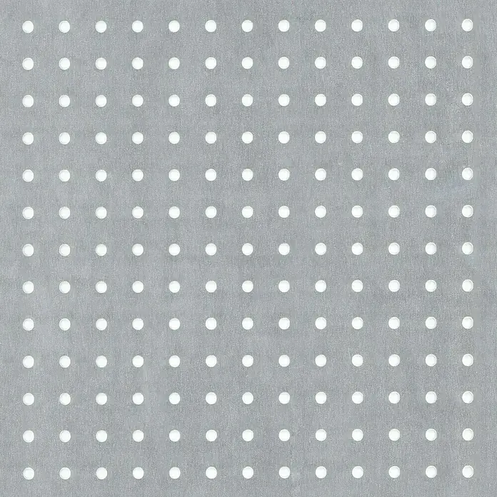 Alberts Chapa perforada de círculos - 1.000 x 120 mm, Espesor: 1,5 mm, Aluminio, Sin tratar - Panel acústico cuadrado gris con un patrón regular de pequeños agujeros blancos. Perfecto para la absorción del sonido en espacios modernos.