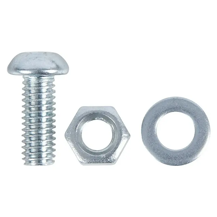 Alberts Zubehör-Set Conceptor® - 25 Stk., Silber, Passend für: Profilsystem Conceptor® - Eine Nahaufnahme einer Schraube, einer Mutter und einer Unterlegscheibe, die für Befestigungszwecke verwendet werden.