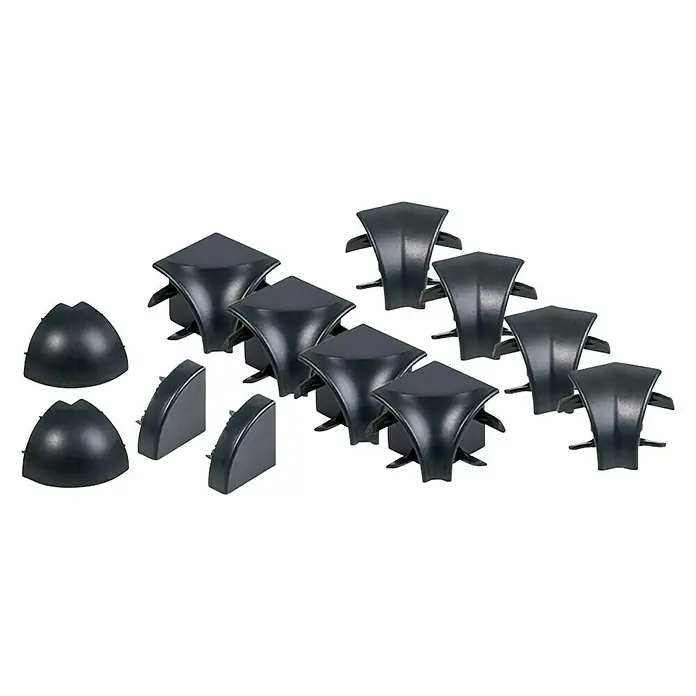 Alberts Zubehör-Set Conceptor® - Schwarz, Passend für: Abschlussleiste, 12 Stk. - Schwarze Eckverbinder und Abdeckungen. Das Produkt bietet Schutz und ein sauberes Finish für verschiedene Anwendungen.