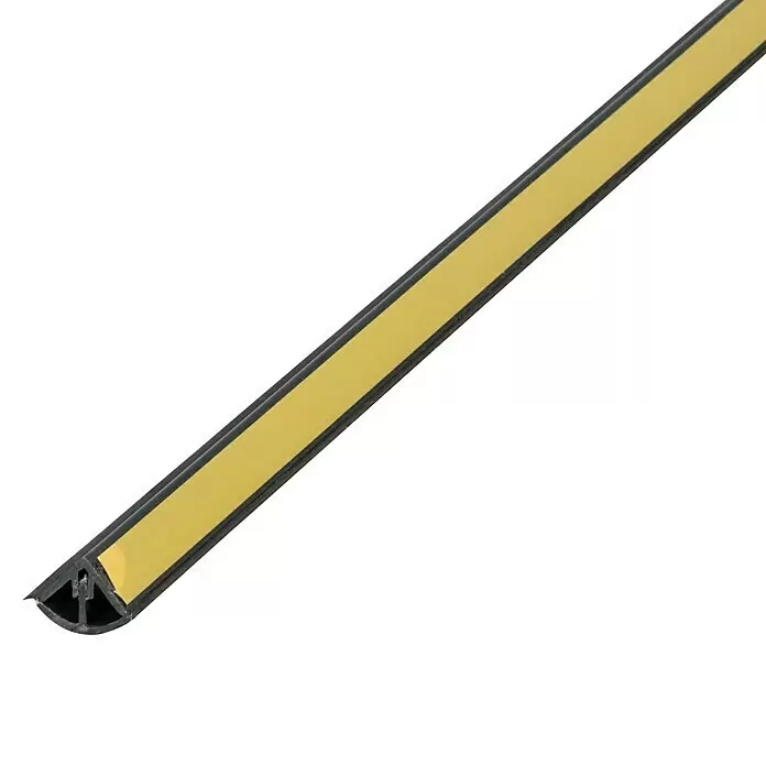 Alberts Abschlussleiste selbstklebend - Silber, L x B x H: 2.600 x 15 x 15 mm - Selbstklebendes schwarzes Kunststoffprofil mit runder Form und gelbem Streifen, wahrscheinlich zur Kabelführung oder als Kantenschutz.