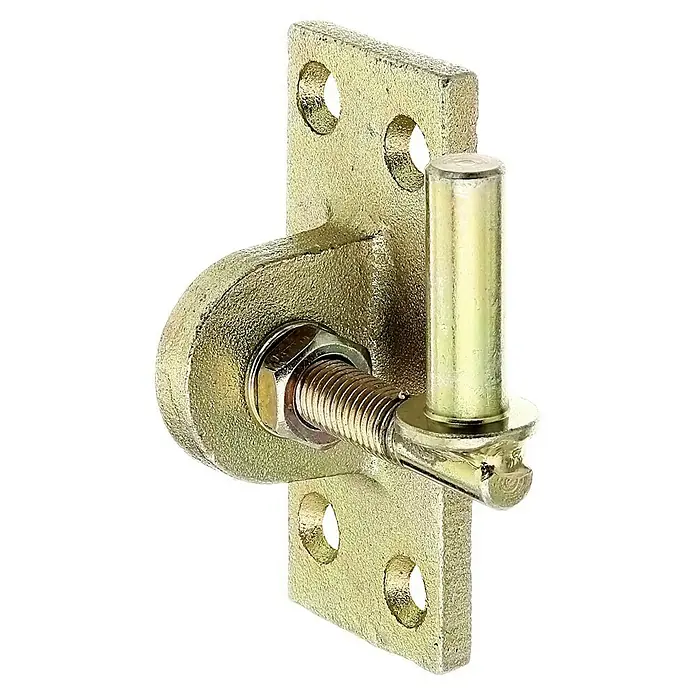 Stabilit Kloben zum Anschrauben - Durchmesser Dorn: 13 mm, Abstand Dorn bis Platte: 10,5 mm - Nahaufnahme eines goldenen Schwerlast-Drehbandbeschlags mit Befestigungsplatte, Bolzen und Gewinde für industrielle Anwendungen.