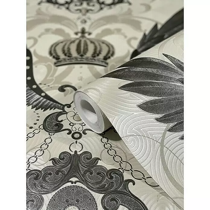 Glööckler Vliestapete - Silber, Ornament, 10,05 x 0,7 m - Strukturierte Tapetenrolle mit barocken Kronen-, Feder- und Kettenmustern in Beige, Grau und Schwarz.