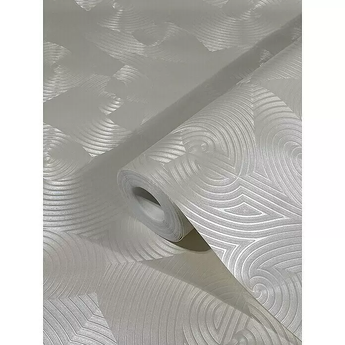 Glööckler Vliestapete - Beige, Grafisch, 10,05 x 0,7 m - Weiße Tapetenrolle mit strukturiertem geometrischem Muster aus konzentrischen Kreisen und winkligen Linien.