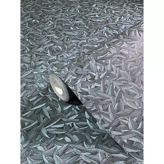 Glööckler Vliestapete - Blau, Floral, 10,05 x 0,7 m - Rolle dunkler Tapete mit texturiertem, schimmerndem blau-violettem Blattmuster.