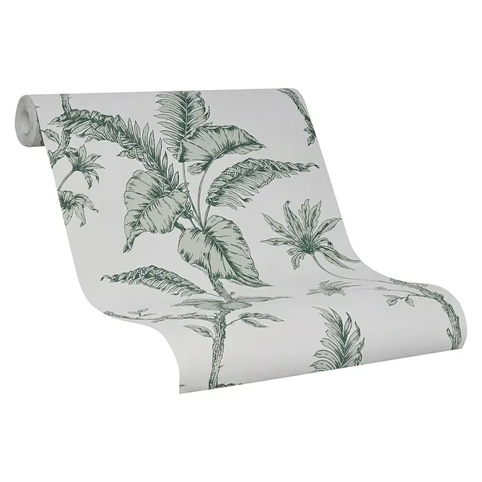 SCHÖNER WOHNEN-Kollektion Vliestapete - Greige, Floral, 10,05 x 0,53 m - Nahaufnahme einer Tapetenrolle mit einem tropischen Pflanzenmuster in Grüntönen auf weißem Grund, die eine entspannte Atmosphäre schafft.