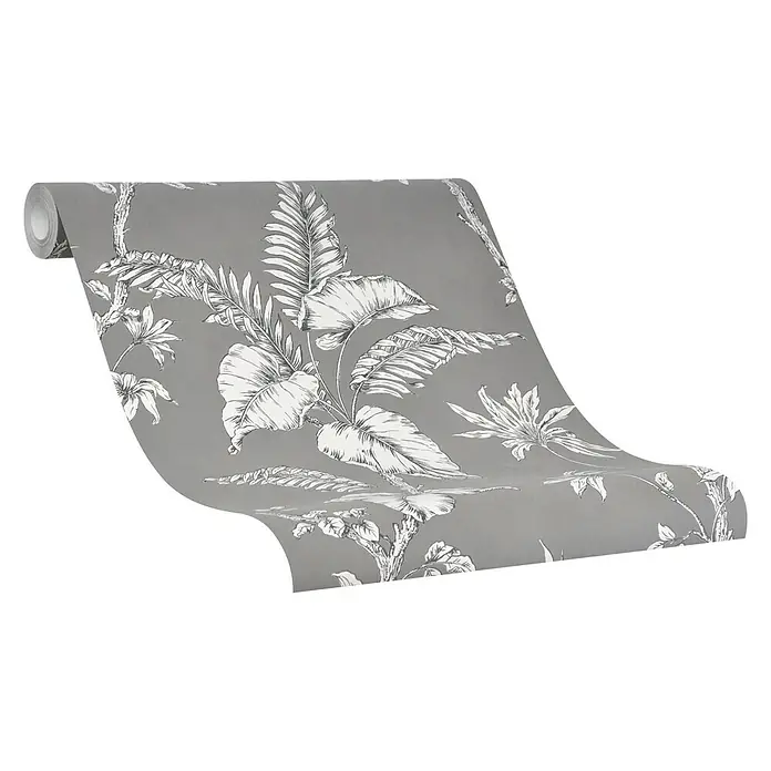 SCHÖNER WOHNEN-Kollektion Vliestapete - Braun/Grau, Floral, 10,05 x 0,53 m - Eine Rolle graue Tapete mit einem eleganten, weißen Blättermuster, ideal für eine stilvolle Raumgestaltung.