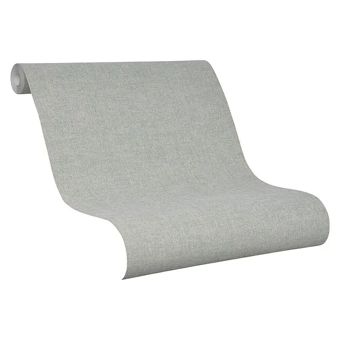 SCHÖNER WOHNEN-Kollektion Vliestapete Unistruktur - Olivgrün, Uni, 10,05 x 0,53 m - Ein Detailaufnahme einer Rolle moderner, grauer Textiltapete, die eine subtile Textur und ein elegantes Aussehen für die Innenraumgestaltung bietet.