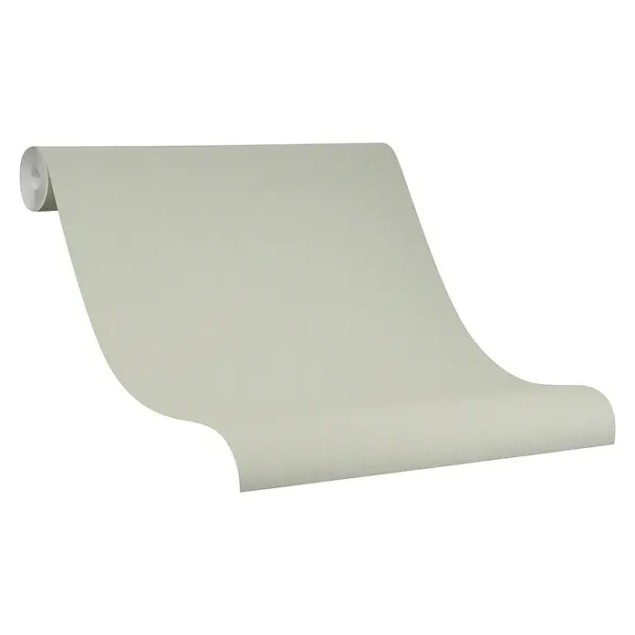 SCHÖNER WOHNEN-Kollektion Vliestapete - Olivgrün, Uni, 10,05 x 0,53 m - Eine Rolle hellgrauer Tapete, aufgerollt präsentiert, ideal für die Wandgestaltung. Das Produkt überzeugt mit schlichter Eleganz.