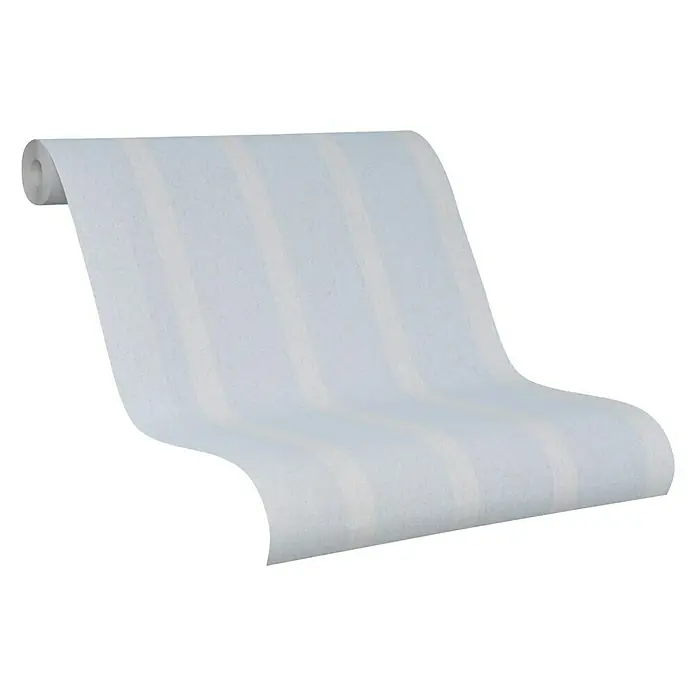 SCHÖNER WOHNEN-Kollektion Vliestapete Unistreifen - Blau/Weiß, Streifen, 10,05 x 0,53 m - Nahaufnahme einer Rolle gestreifter Tapete in einem sanften Blauton, ideal für moderne und klassische Raumgestaltungen.