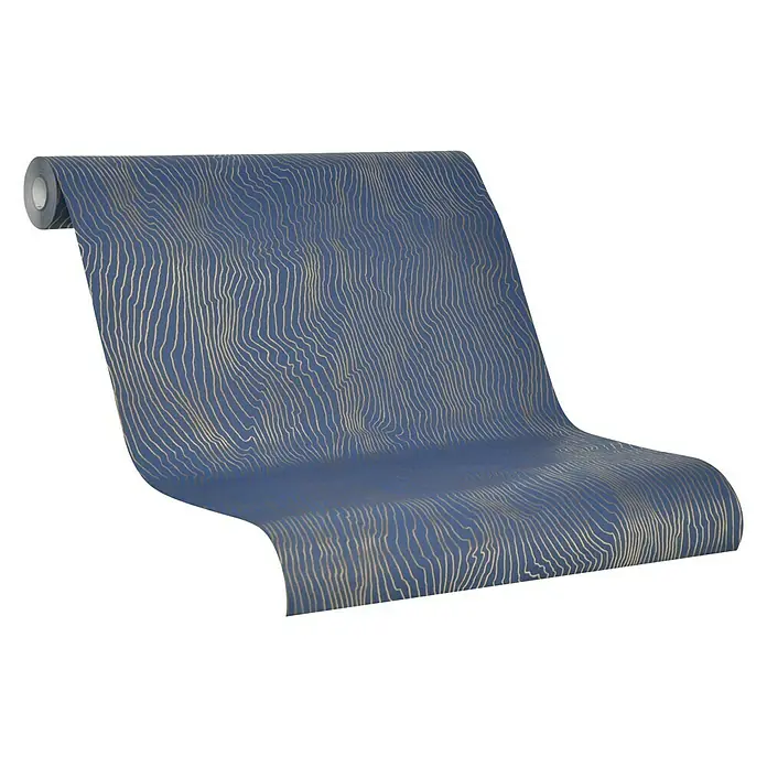 SCHÖNER WOHNEN-Kollektion Vliestapete Maserung - Blau/Gold, Grafisch, 10,05 x 0,53 m - Eine Rolle stilvolle Tapete in Blau mit einem abstrakten, goldenen Linienmuster, perfekt für moderne Innenräume und kreative Wandgestaltungen.