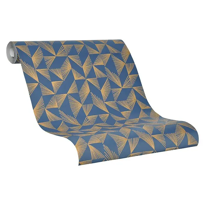 SCHÖNER WOHNEN-Kollektion Vliestapete - Blau/Gold, Grafisch, 10,05 x 0,53 m - Eine Rolle blaue Tapete mit goldenen geometrischen Dreiecksmustern, ideal für ein modernes und stilvolles Interieur.