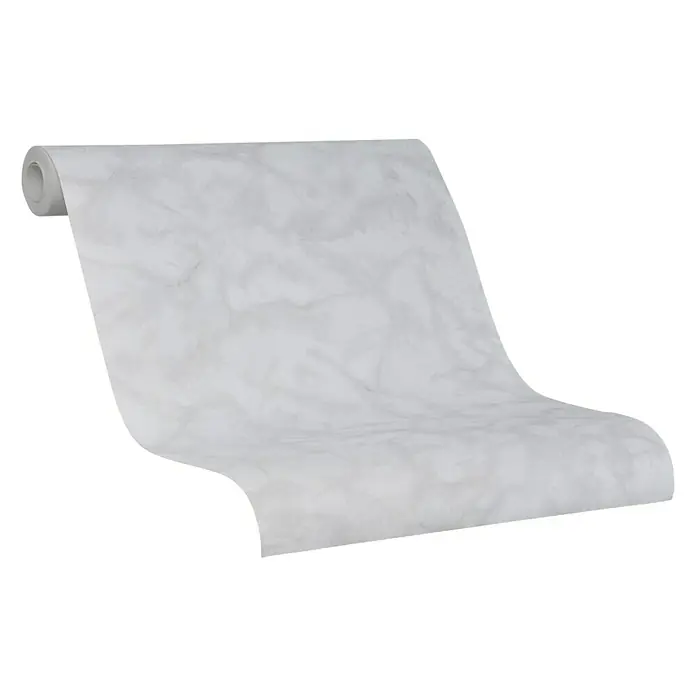 SCHÖNER WOHNEN-Kollektion Vliestapete Marmoroptik - Weiß/Grau, Steinoptik, 10,05 x 0,53 m - Eine Rolle Marmortapete, ausgerollt und vor einem schwarzen Hintergrund präsentiert. Ideal für stilvolle Wandgestaltungen im Innenbereich.