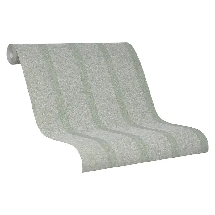 SCHÖNER WOHNEN-Kollektion Vliestapete Unistreifen - Grün, Streifen, 10,05 x 0,53 m - Ein detailreiches Bild einer strukturierten, gestreiften Tapetenrolle in sanften Grautönen, ideal für moderne Inneneinrichtung.