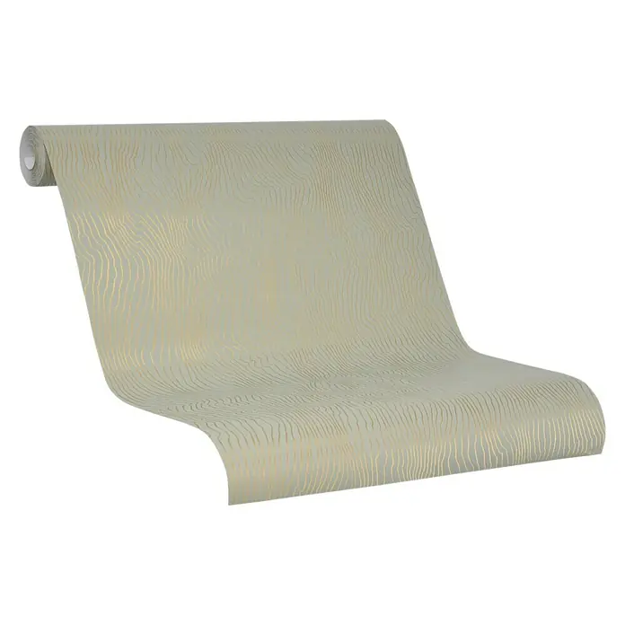 SCHÖNER WOHNEN-Kollektion Vliestapete Maserung - Grün/Gold, Grafisch, 10,05 x 0,53 m - Nahaufnahme einer Rolle Tapete in sanften Tönen mit einem eleganten, wellenförmigen Muster. Perfekt für stilvolle Wandgestaltung.