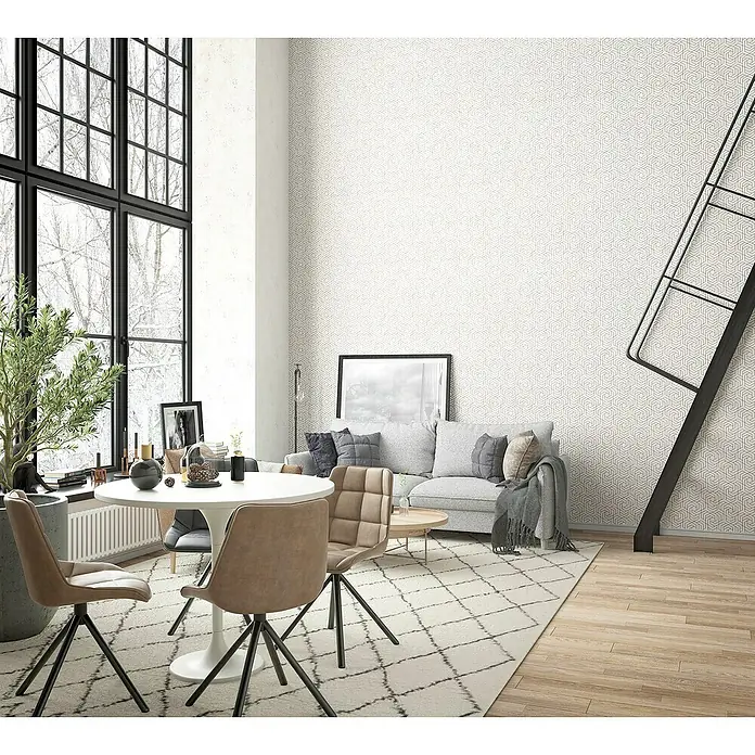 Marburg Sand & Stones Vliestapete City Glam I - Creme, Betonoptik, 10,05 x 0,53 m - Helles Wohnzimmer mit modernem Esstisch und Stühlen. Ein gemütliches Sofa und ein großer Teppich laden zum Verweilen ein. Große Fenster sorgen für viel Licht.