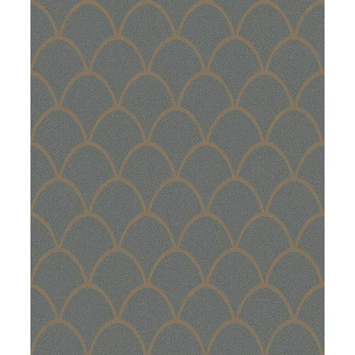 SCHÖNER WOHNEN-Kollektion New Spirit Vliestapete - Grau/Gold, Grafisch, 10,05 x 0,53 m - Tapete mit stilisiertem Fischschuppenmuster in Grau und Kupfer für eine elegante Wandgestaltung. Die Textur verleiht Tiefe und Raffinesse.