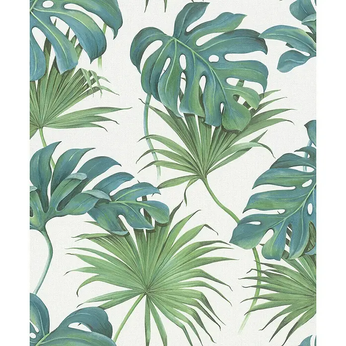 SCHÖNER WOHNEN-Kollektion New Spirit Vliestapete Fensterblatt - Grün/Weiß, Floral, 10,05 x 0,53 m - Illustration von grünen tropischen Blättern, darunter Monstera und Fächerpalmen, auf einem weißen Hintergrund, ideal für Wandgestaltung.