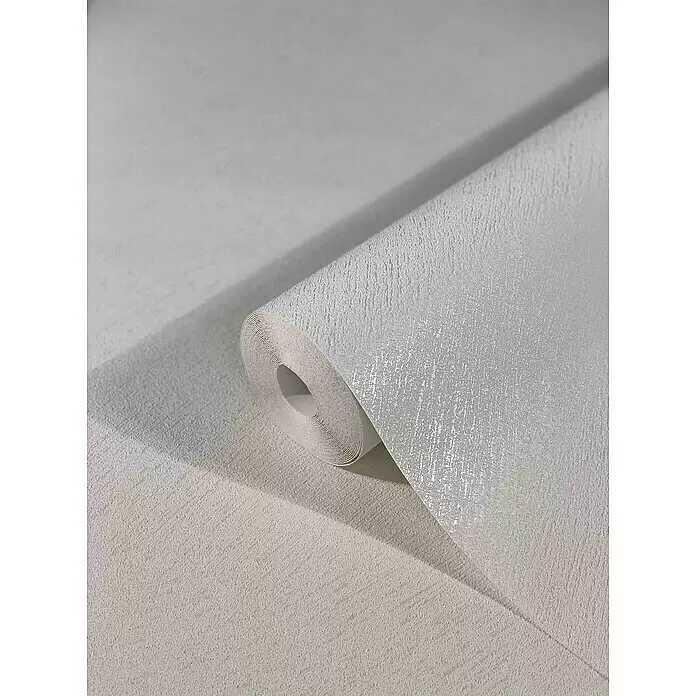 Marburg Sand & Stones Vliestapete Dune III - Creme, Uni, 10,05 x 0,53 m - Texturierte hellgraue Tapetenrolle, teilweise abgerollt, mit subtilem Schimmer.