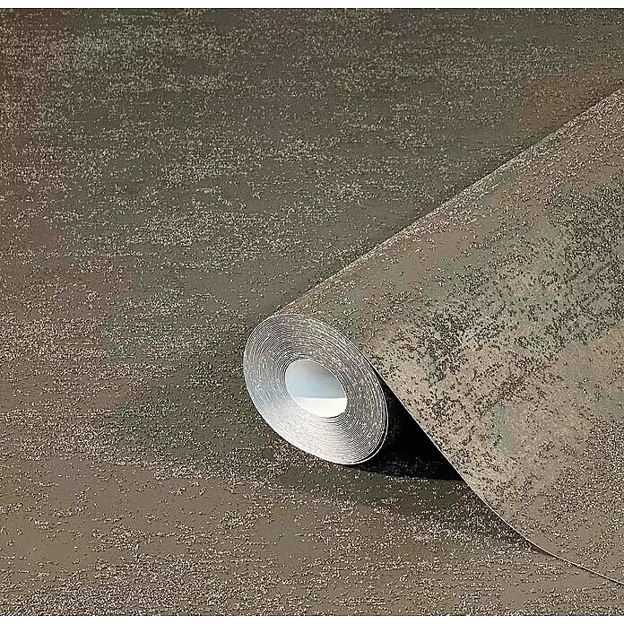 Marburg Sand & Stones Vliestapete Dune II - Kittbraun, Uni, 10,05 x 0,53 m - Dunkelgraue Tapetenrolle mit schimmernder, strukturierter Oberfläche, teilweise abgerollt.