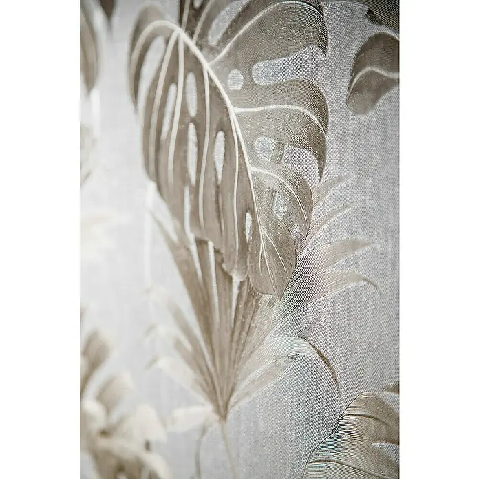 SCHÖNER WOHNEN-Kollektion New Spirit Vliestapete Fensterblatt - Beige/Weiß, Floral, 10,05 x 0,53 m - Nahaufnahme einer strukturierten Tapete mit Monstera- und Palmenblattmuster in gedämpften Grautönen, die eine elegante, natürliche Ästhetik bietet.