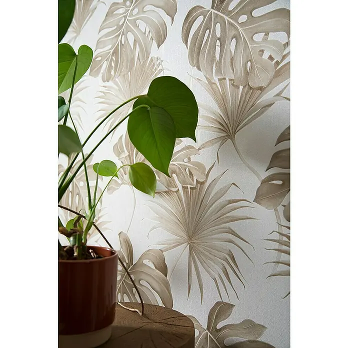 SCHÖNER WOHNEN-Kollektion New Spirit Vliestapete Fensterblatt - Beige/Weiß, Floral, 10,05 x 0,53 m - Nahaufnahme einer Monstera-Pflanze in einem braunen Topf, platziert auf einem Holzstumpf vor einer Wand mit tropischem Blättermuster.
