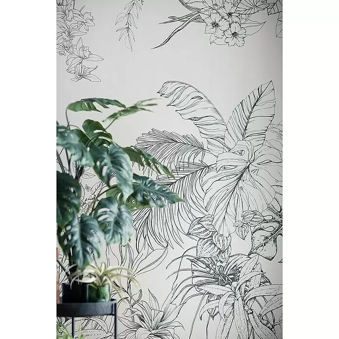 SCHÖNER WOHNEN-Kollektion New Spirit Fototapete Digitaldruck Blüten - 212 x 270 cm, Schwarz/Weiß - Eine weiße Tapete mit schwarzen botanischen Strichzeichnungen, teils verdeckt von einer echten Grünpflanze im Vordergrund.