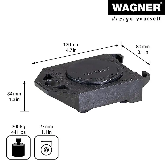 Stabilit Transportroller - L x B x H: 11,7 x 7,9 x 3,4 cm, Traglast: 200 kg, Kunststoff - Produktdetailansicht des WAGNER Möbelrollers mit Maßangaben zu Länge, Breite, Höhe und Belastbarkeit.