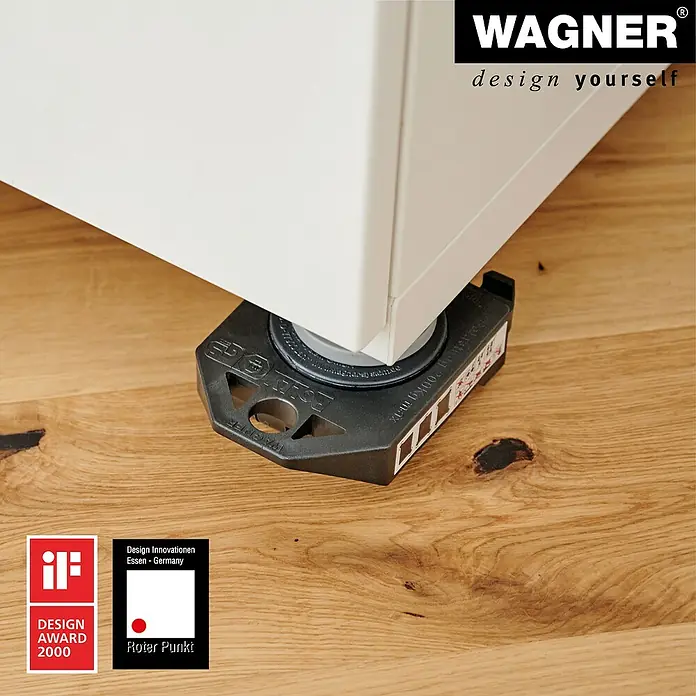 Stabilit Transportroller - L x B x H: 11,7 x 7,9 x 3,4 cm, Traglast: 200 kg, Kunststoff - Möbelgleiter von Wagner mit Auszeichnungen, der unter einem weißen Möbelstück auf einem Holzboden platziert ist.