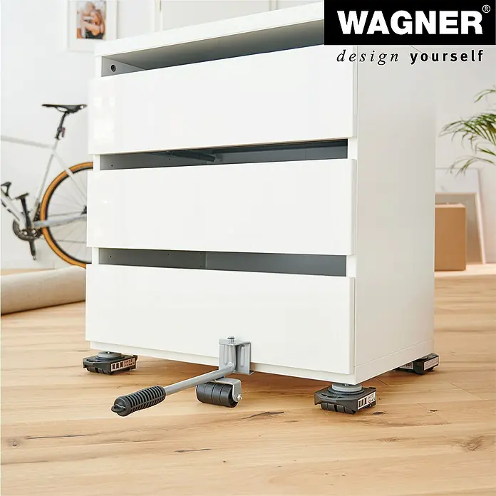 Stabilit Transportroller - L x B x H: 11,7 x 7,9 x 3,4 cm, Traglast: 200 kg, Kunststoff - Produktabbildung eines weißen Kommodenschranks mit montierten Möbelrollern. Die Rollen erleichtern das Bewegen des Schranks.