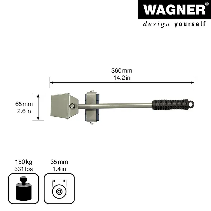 Wagner System Transportroller MM 3121 - Traglast: 150 kg, Stahl - Eine Abbildung des Wagner-Farbauftragssystems mit den Maßen 360 mm Länge, 65 mm Höhe, einer Belastbarkeit von 150 kg und einem Durchmesser von 35 mm.