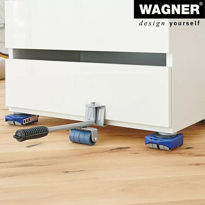 Wagner System Transportroller MM 3121 - Traglast: 150 kg, Stahl - Blaue und graue Möbelroller sowie ein Hebewerkzeug bewegen einen weißen Schrank auf Holzfußboden.