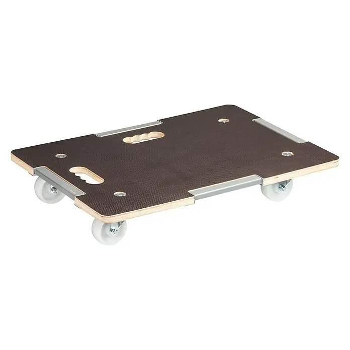 Wagner System Transportroller MM 1381 - L x B x H: 640 x 440 x 100 mm, Traglast: 250 kg, Holz - Eine braune Möbelrollplatte mit vier weißen Rollen und Metallverstärkungen. Ideal für den Transport schwerer Gegenstände.
