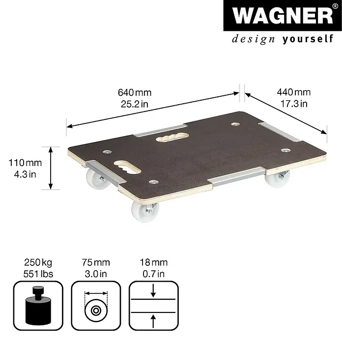 Wagner System Transportroller MM 1381 - L x B x H: 640 x 440 x 100 mm, Traglast: 250 kg, Holz - Produktbild einer braunen Rollbrett mit den Abmessungen 640 x 440 mm und einer Traglast von 250 kg.