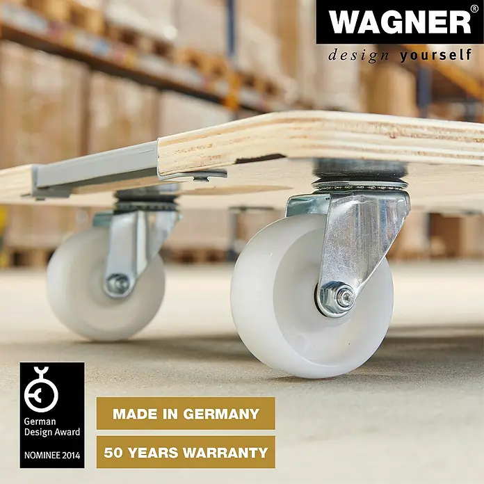 Wagner System Transportroller MM 1381 - L x B x H: 640 x 440 x 100 mm, Traglast: 250 kg, Holz - Produktdetailaufnahme eines WAGNER Möbelrollers mit weißen Rollen, ausgezeichnet mit dem German Design Award und 50 Jahren Garantie.